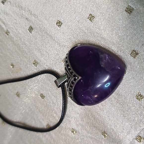 Heart Pendant Necklace w Amethyst Stone, Silver Tone Accents & Black Cord - Picture 3 of 4